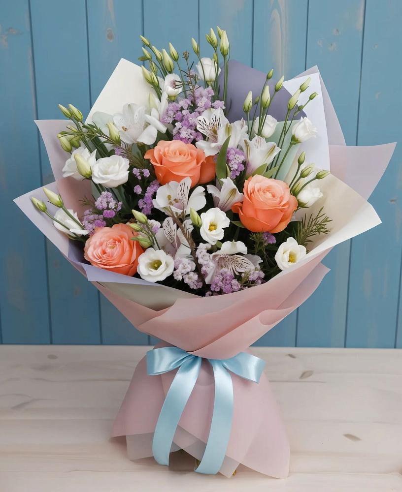 Букет цветов из: Лизиантусы, Розы, Альстромерии и Гипсофила в Арсеньеве