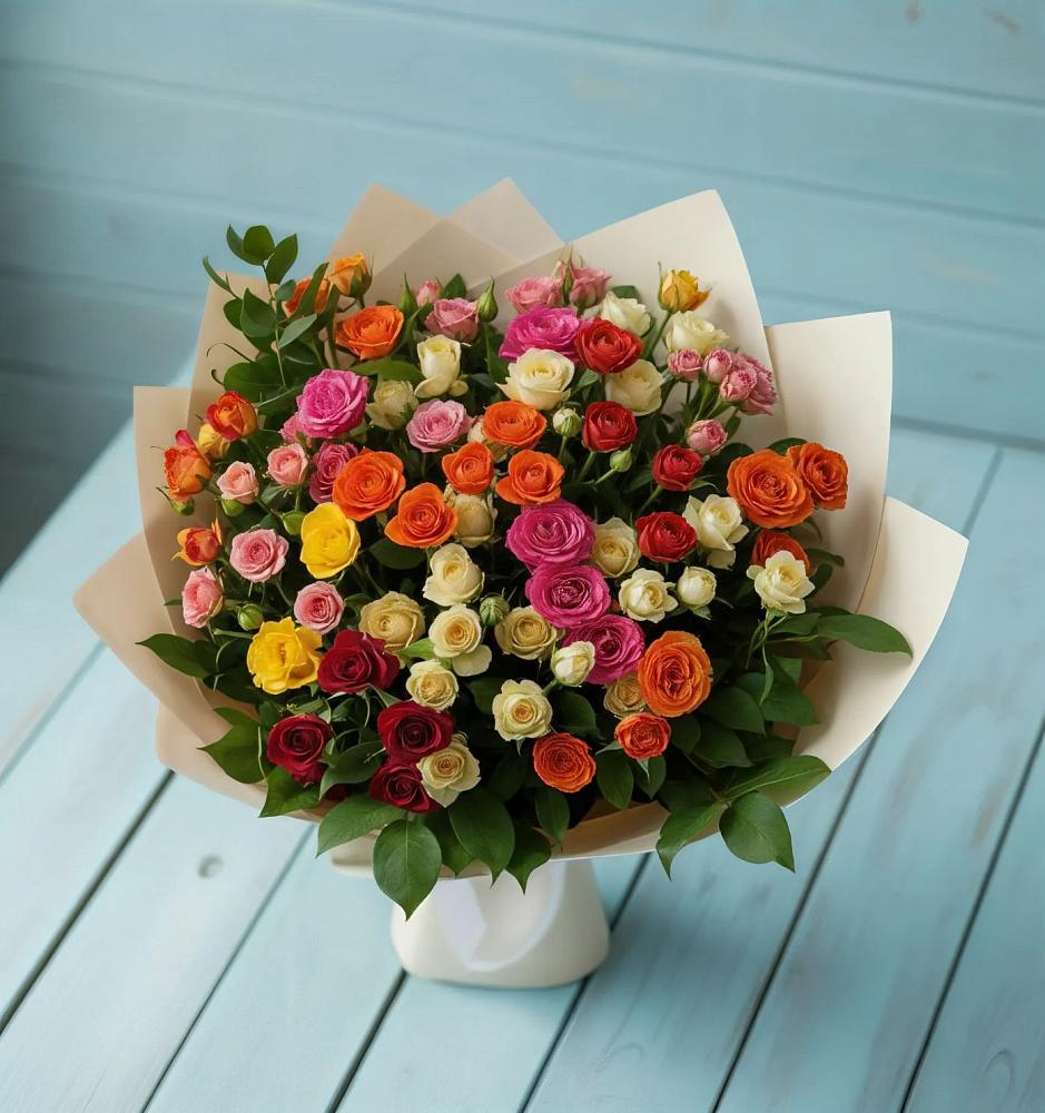 Букет Микс из разноцветных кустовых роз в Арсеньеве