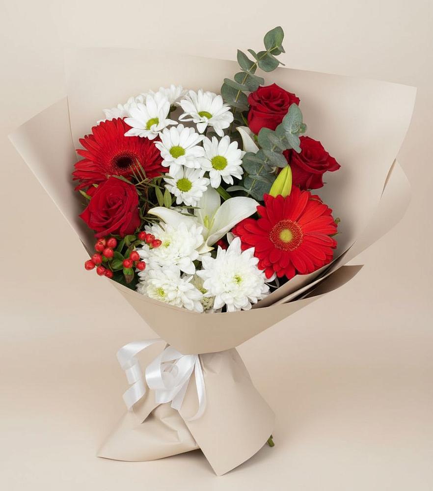 Букет цветов из: Розы, Хризантемы, Герберы и Лилии в Арсеньеве