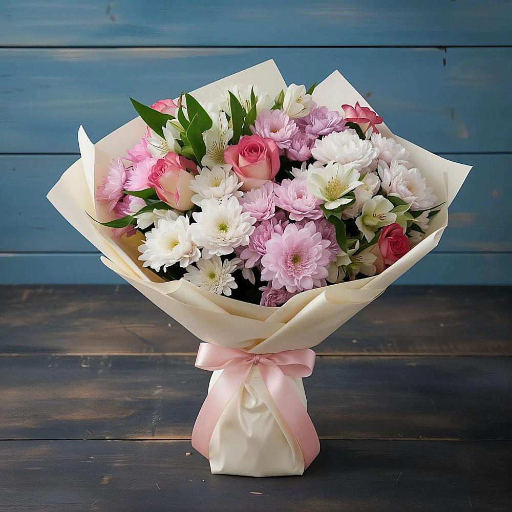 Букет цветов из: Хризантемы, Альстромерии и Розы в Арсеньеве